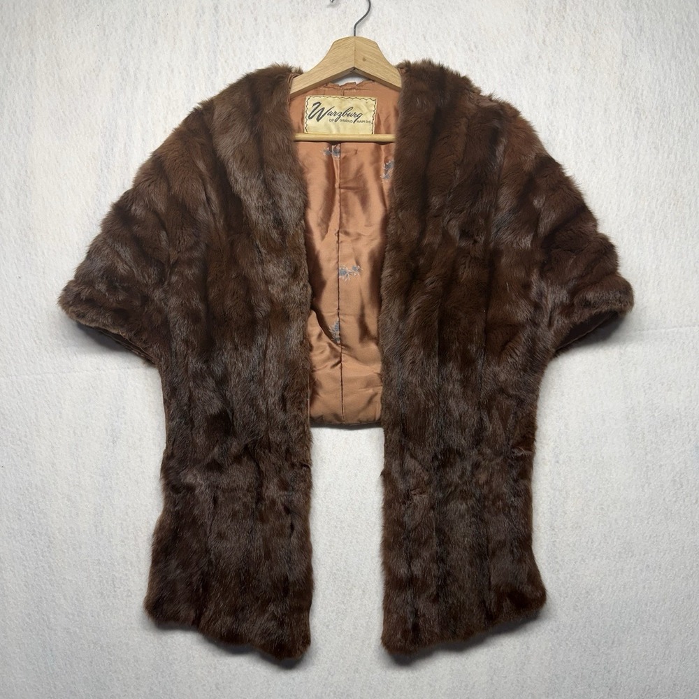 Vintage Wurzburg of Grand Rapids Brown Fur Stole Shawl Wrap Floral Lining MC